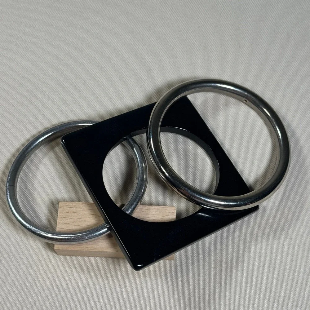 Vintage Monet Bangle‎ Bracelet Set Silver Tone Round Black Lucite Square MCM